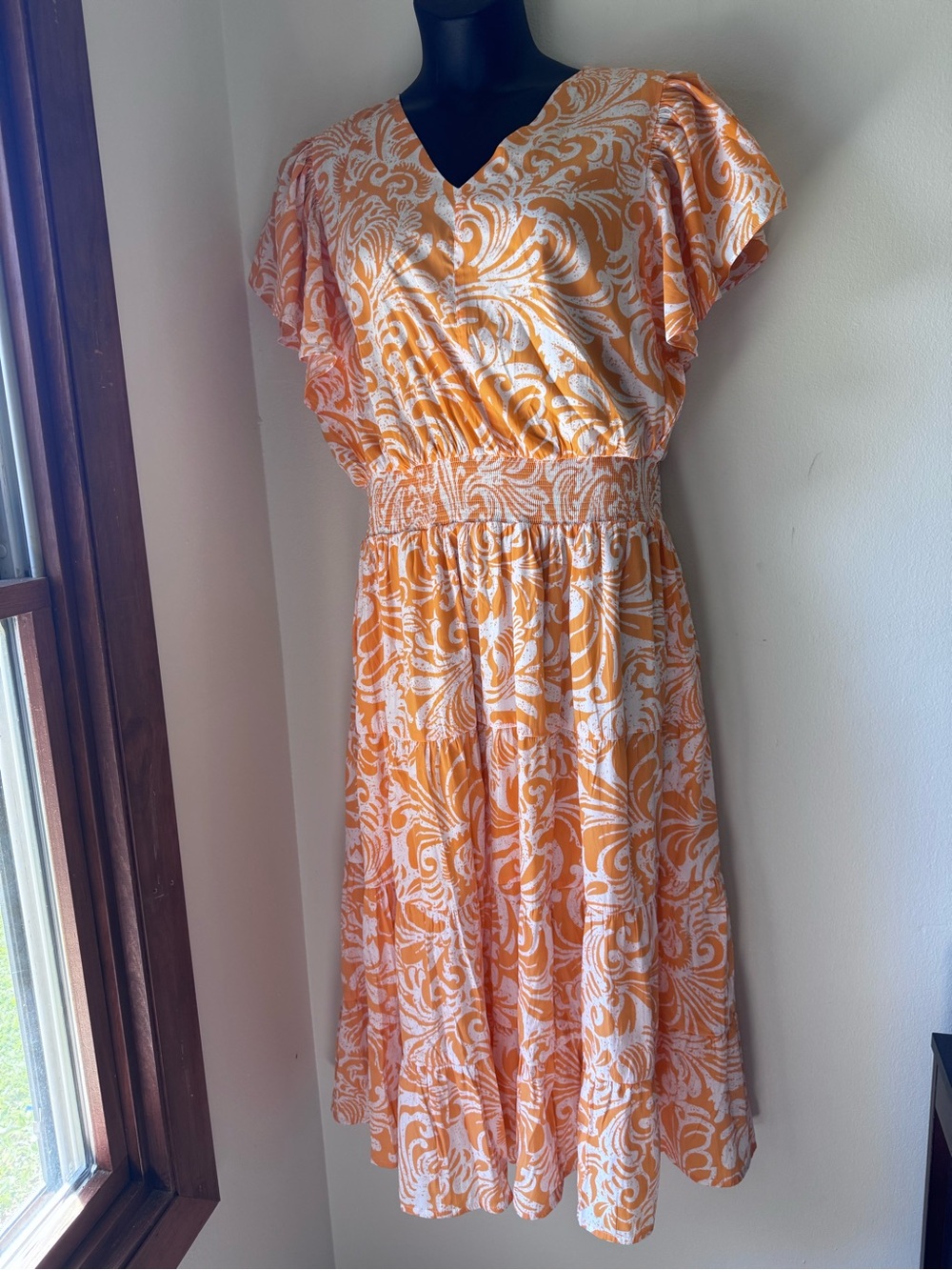 Chico's Orange and White Floral Swirl Midi Dress